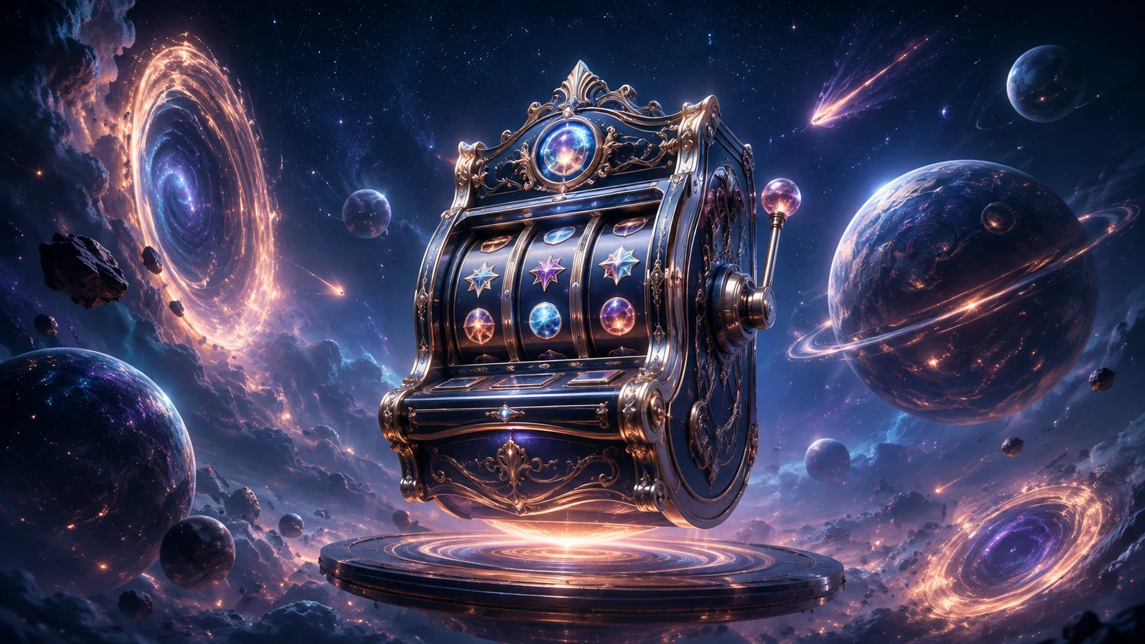 A fantastical slot machine among planets and glowing portals