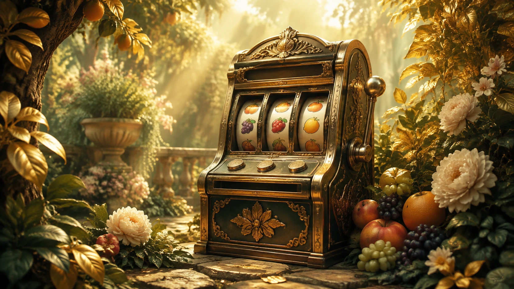 A bronze slot machine in a luminous enchanted garden