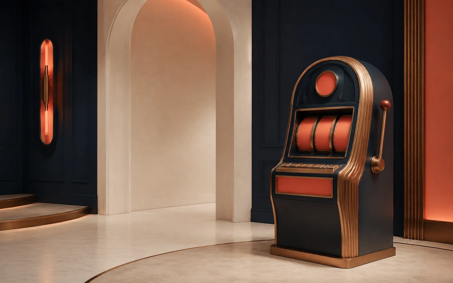 An elegant cream and navy game lounge with a single sculptural slot machine