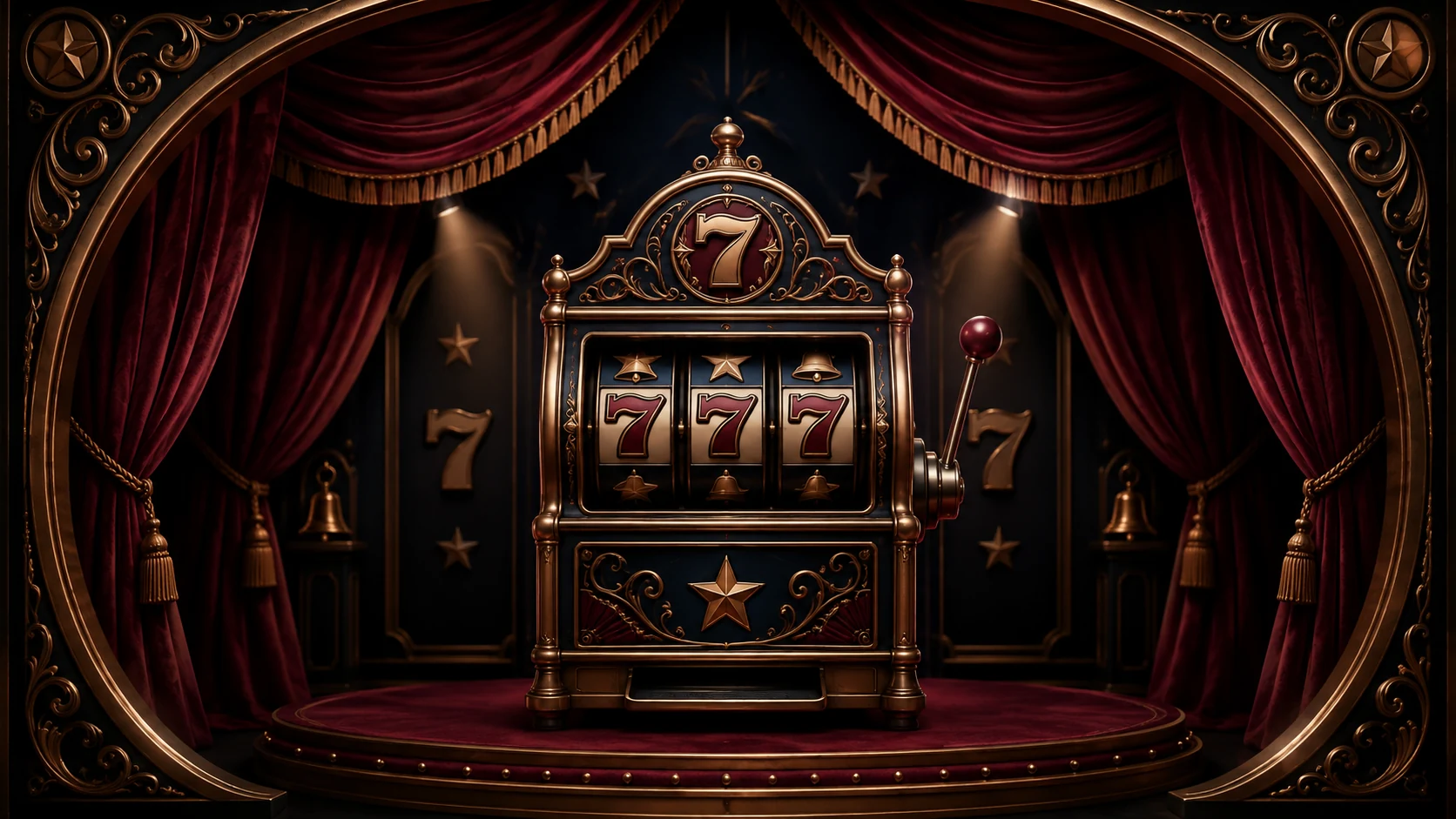 A theatrical slot machine framed by burgundy curtains